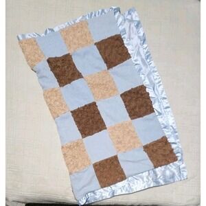 Cocalo Baby Blanket blue Brown‎ blue satin trim & back Patchwork